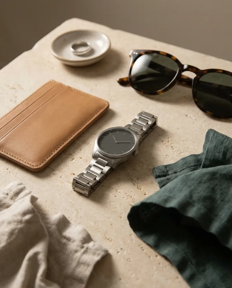 Lifestyle accessories on an ivory surface